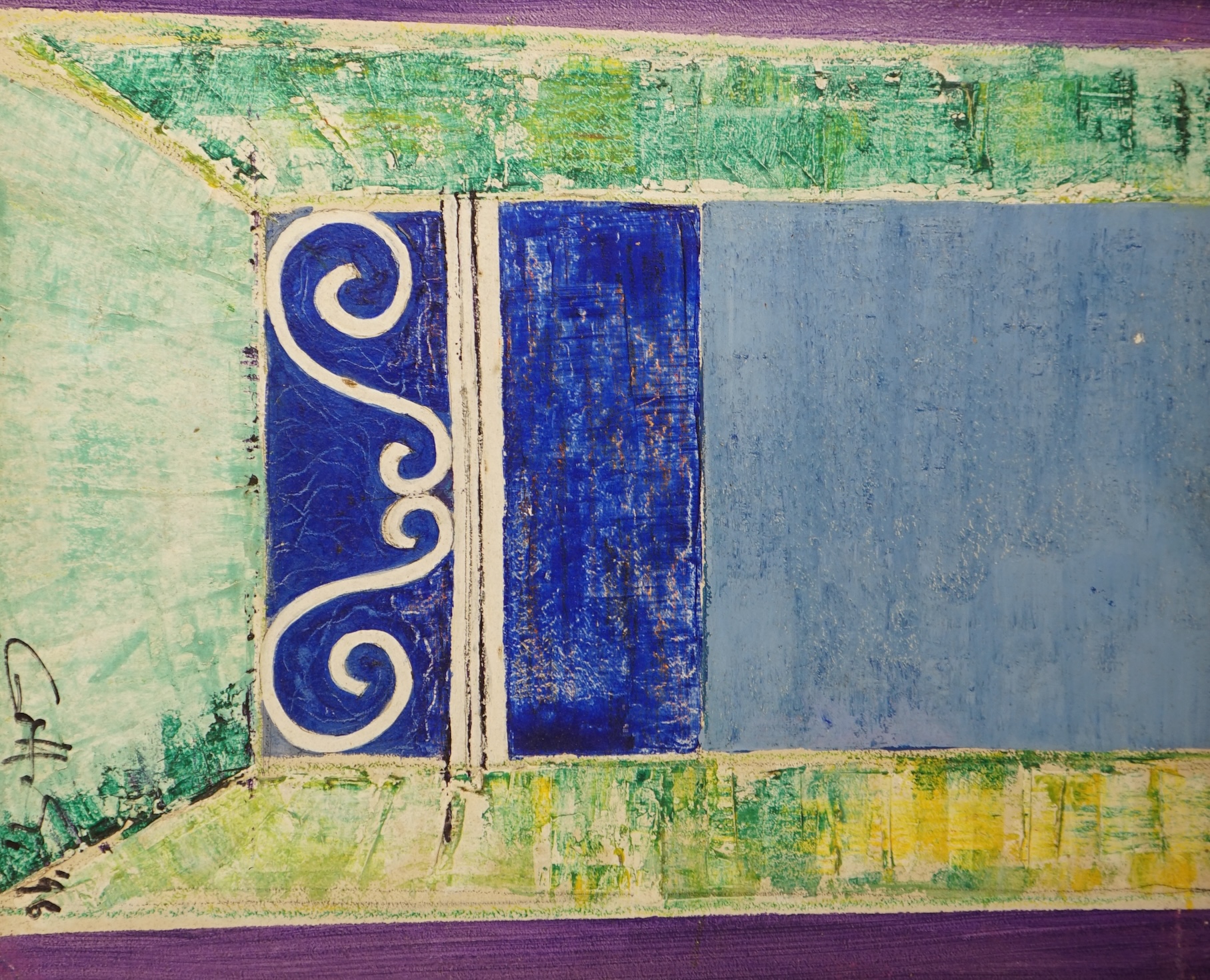 Ernest Gottschalk (1877-1942), mixed media on board, Sea view with rail, signed and dated '96, 51.5 x 43cm. Condition - poor to fair